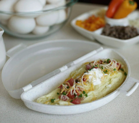 Microwave Omelet Maker For 3 Eggs with a fluffy omelet filled with cheese and toppings, nonstick and BPA free