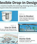 Flexible drop-in design of Straight Up Powerful 120W Ultrasonic Cleaner with stainless steel tank for deep cleaning.