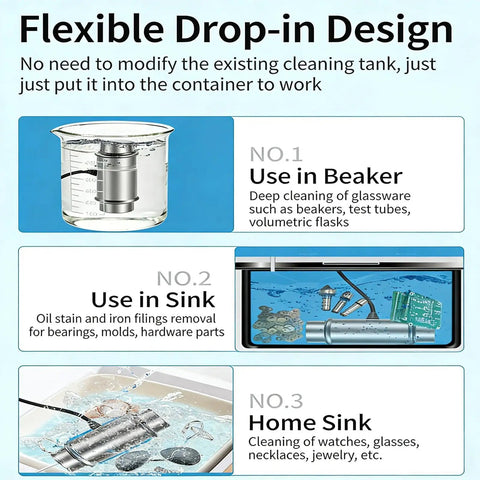 Flexible drop-in design of Straight Up Powerful 120W Ultrasonic Cleaner with stainless steel tank for deep cleaning.