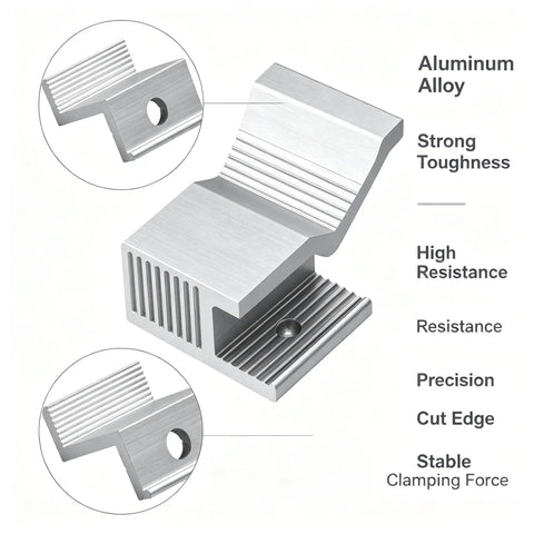 Close-up of Ten Piece Heavy Duty Solar Panel Mount End Clamps With Rock Solid Aluminum Z Brackets showcasing solid aluminum alloy design.