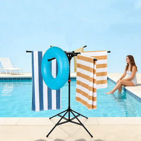 Outdoor Pool Towel Rack, Freestanding 42 to 71 Inch Adjustable Stand With Four Legs and Six Foldable Arms at poolside with towels and float