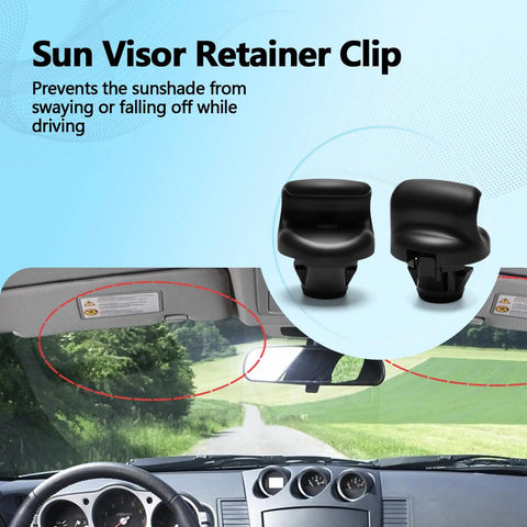 Nissan Sun Visor Retainer Clip 2 Pack Replacement For 350Z 2004 2009 JUKE 2011 2017 Infiniti FX35 FX45 2003 2008 Replaces 96409 CG000 Durable Roof Lining Fastener in black, shown in package and installed in car interior to secure visor.