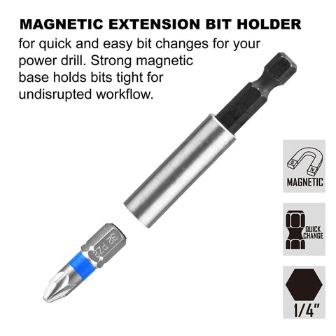 Magnetic extension bit holder from Ratcheting Screwdriver Bit And Socket Set with quick change feature and 1/4 inch hex bit.