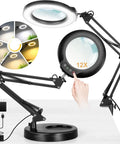 12X Real Glass Magnifying Glass With Light And Stand, showing 2-In-1 LED Desk Lamp Magnifier with 5 color modes, dimmable, hands-free use