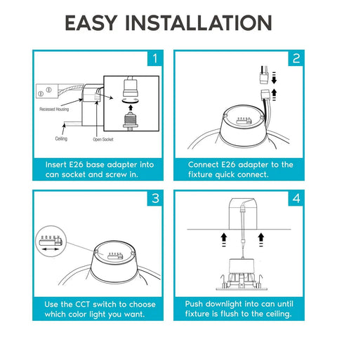 Easy installation guide for Square Recessed LED Can Lights With Five CCT Color Temperature Options 2700K 3000K 3500K 4000K 5000K Dimmable 750 Lumens CRI 90 Energy Star Wet Rated 4 Pack Great For Kitchens And Bathrooms