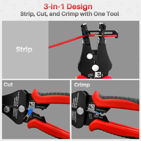 Diagram showing Automatic Wire Stripper 3 In 1 Adjustable Stripper Cutter Easy Grip Crimping Tool for stripping, cutting, and crimping wires.