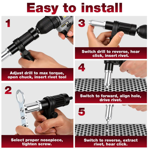 Installation steps for Rivet Adapter Kit For Cordless Drill With 4 Interchangeable Heads 2.4mm 3.2mm 4.0mm 4.8mm