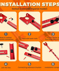 Installation steps for Slick Adjustable Router Bracket And Circle Cutting Jig For Woodworking in red aluminum with measuring marks.