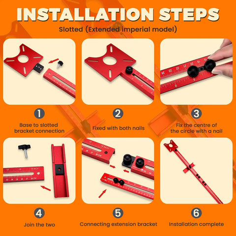 Installation steps for Slick Adjustable Router Bracket And Circle Cutting Jig For Woodworking in red aluminum with measuring marks.