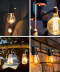 Four glowing vintage-style light bulbs hanging outdoors and indoors, creating a warm, cozy atmosphere in different settings.