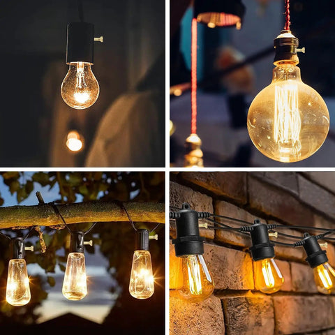 Four glowing vintage-style light bulbs hanging outdoors and indoors, creating a warm, cozy atmosphere in different settings.