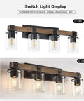 Farmhouse Vanity Light Fixture With Industrial Wood Wall Sconce And 4 Light Clear Glass Shades For Bathroom Hallway Kitchen Bedroom Antique Wood Finish Modern Rustic Home Decor, shown on and off