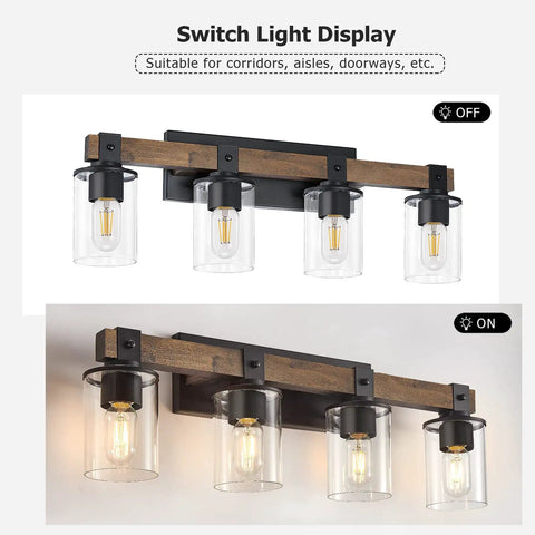 Farmhouse Vanity Light Fixture With Industrial Wood Wall Sconce And 4 Light Clear Glass Shades For Bathroom Hallway Kitchen Bedroom Antique Wood Finish Modern Rustic Home Decor, shown on and off