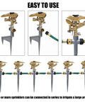 Two Pack Impact Sprinklers With Metal Step Spikes, Heavy Duty Zinc Alloy Lawn Sprinkler Heads On Spike Bases, Adjustable 360 Degree Coverage