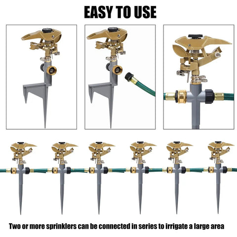 Two Pack Impact Sprinklers With Metal Step Spikes, Heavy Duty Zinc Alloy Lawn Sprinkler Heads On Spike Bases, Adjustable 360 Degree Coverage