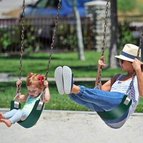 Adult and child on Beefy Heavy Duty Swing Seat With Metal Triangle Rings For Kids And Adults in a park
