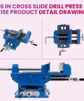 6 In Cross Slide Drill Press Vise showing product detail drawing in blue. Heavy Duty Cast Iron construction for precision work.