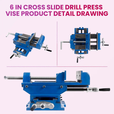 6 In Cross Slide Drill Press Vise showing product detail drawing in blue. Heavy Duty Cast Iron construction for precision work.