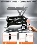 Heavy Duty Electric Lift Table With 320 Lbs Load Capacity, smooth height adjustment, wired and wireless controllers shown.