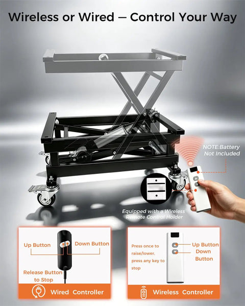 Heavy Duty Electric Lift Table With 320 Lbs Load Capacity, smooth height adjustment, wired and wireless controllers shown.