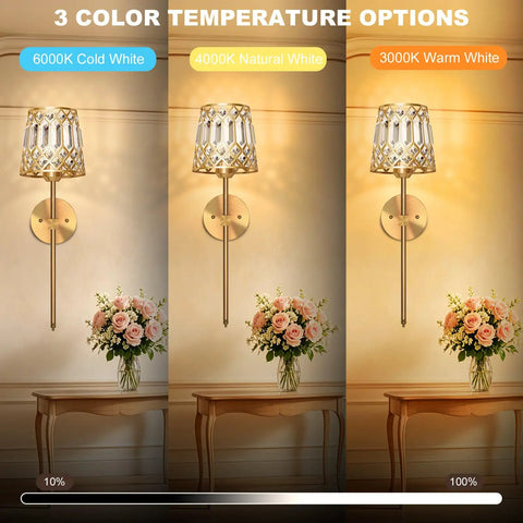 Gold Rechargeable Wireless Wall Sconces Set Of 2 With Remote Dimmable Accent Lamps Home Decor showcasing 3 color temperature options.