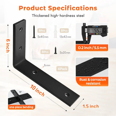 Heavy Duty 10 Inch Black Shelf Brackets L Shaped Corner Mount For Wall Shelves, Steel Iron Brackets, Built To Last