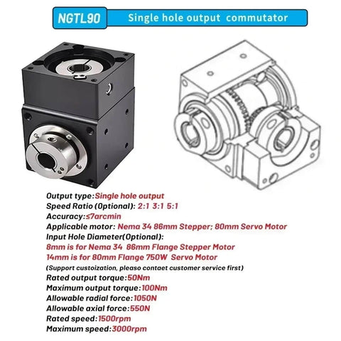Right Angle Planetary Gearbox With Seven Arc Minute Precision Commutator For 80 Servo And Nema 34 Stepper Motors diagram and specs