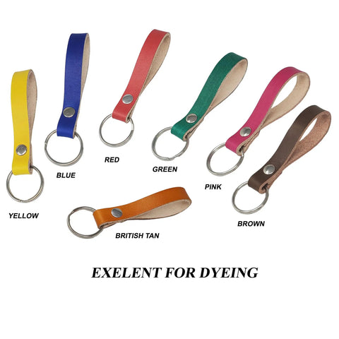 Ten Pack Of One Half Inch Natural Vegetable Tanned Leather Keychain Blanks ready for custom stamping showcasing assorted colors.