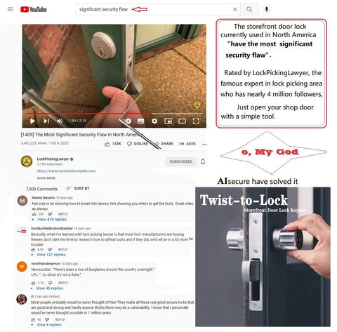 YouTube video by LockPickingLawyer about storefront door lock security flaws and twist-to-lock commercial mortise door lock set.