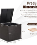 72 Gallon Outdoor Storage Box With Waterproof Zippered Liner And Gas Strut showing dimensions and cushion capacity.