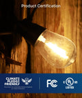 30 Pack LED S14 Replacement Bulbs For Outdoor String Lights, E26 Base, mounted on wooden background, warm glow, certifications shown