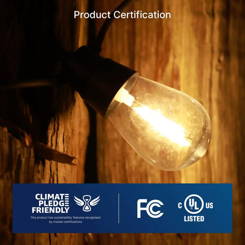 30 Pack LED S14 Replacement Bulbs For Outdoor String Lights, E26 Base, mounted on wooden background, warm glow, certifications shown