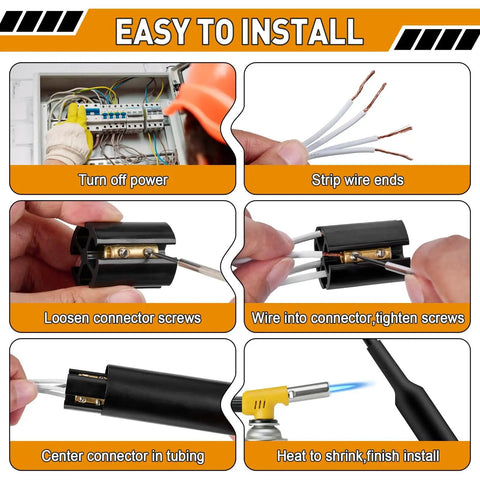 Underground Wire Splice Kit Three Pack For 14 3 To 8 3 UF Cables Direct Burial Waterproof Up To 600V With Connectors And Heat Shrink Tubing For Outdoor Electrical Repairs DIY Ready; installation steps displayed.
