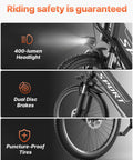 High Power 1500W Peak Ebike For Adults with headlight, dual disc brakes, and puncture-proof tires features.