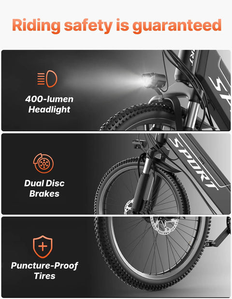 High Power 1500W Peak Ebike For Adults with headlight, dual disc brakes, and puncture-proof tires features.