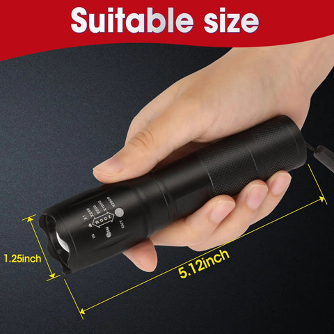 Person holding 7 Pack Small LED Tactical Flashlights High Lumens With 5 Modes Waterproof Zoomable Beams