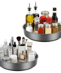 Heavy Duty Metal Lazy Susan Turntable Organizer With Slick Gunmetal Finish And Hella Sturdy Spinning Rack For Kitchen Counter And Pantry Storage Plus Compact 9 8 Inch Rotating Tray Set Includes Two Pieces with condiments and skincare products