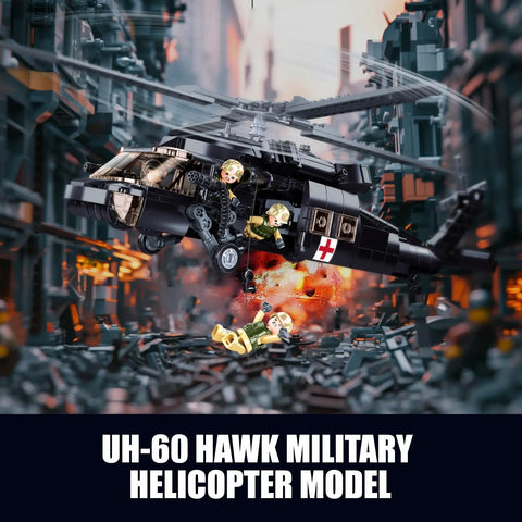 Black Hawk Inspired Helicopter Building Set For Adults And Teens, 692-piece army model with soldier figures and rotor