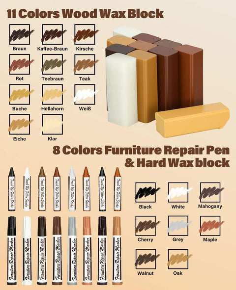 Furniture Repair Kit With Wax Melting Tool Display And Marker Pen For Wood Surfaces Includes Hard Wax Filler For Scratches Holes And Dings on Tables, displayed with 11 wax blocks and 8 markers for color matching.