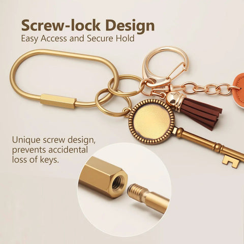 8 Pack Gold Carabiner Keychains With Brass Locking Clips And Screw Lock Key Rings showcasing screw-lock design and key attachment.