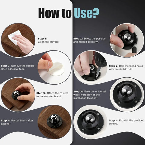 How to use One Inch Self Adhesive Caster Wheels Four Pack Smooth Appliance Sliders with step-by-step illustrations.