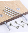 20 Sets Cam Fittings Kit For Furniture Connectors With Dowels And Fasteners, shown on a wooden panel for easy cabinet assembly.