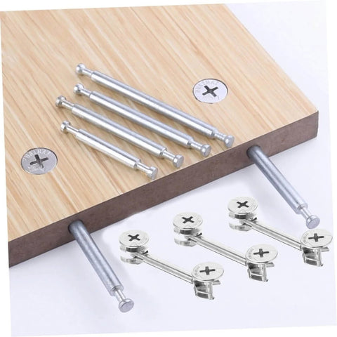 20 Sets Cam Fittings Kit For Furniture Connectors With Dowels And Fasteners, shown on a wooden panel for easy cabinet assembly.