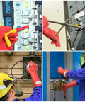 Electricians using 12kV Electrical Gloves Size 10 Thick 1.8mm Rubber Insulated Safety Gear for high-voltage tasks, red gloves shown.