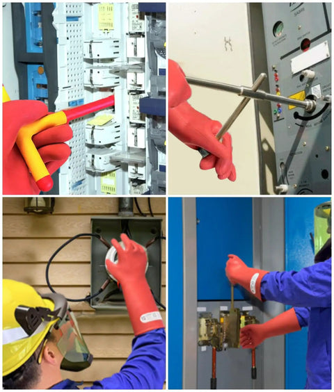 Electricians using 12kV Electrical Gloves Size 10 Thick 1.8mm Rubber Insulated Safety Gear for high-voltage tasks, red gloves shown.