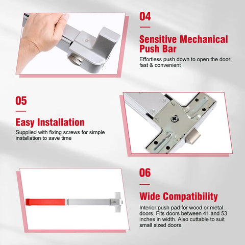 Commercial Exit Door Panic Bar With External Lever In Silver Stainless Steel, Fireproof Lock Set, installation and features