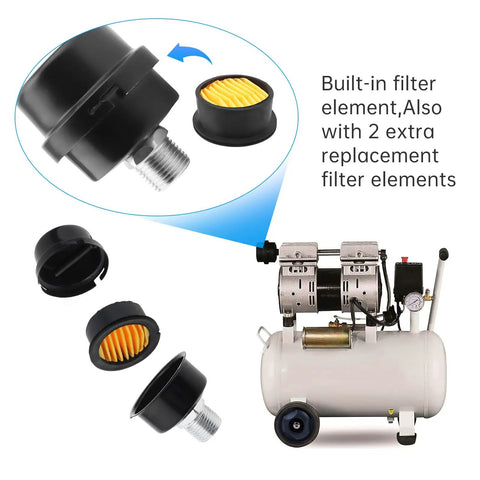 2 Pack Portable Air Compressor Mufflers Kit With Half Inch Threaded Inlet Silencers Includes 4 Filter Elements And Teflon Tape Metal Replacement Parts For Vertical Air Compressors, displaying muffler with threaded inlet and filter elements placed around white air compressor.