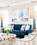 Set Of 2 Ombre Indigo Glass Table Lamps With USB Ports, LED Bulbs Included, placed in a living room, contemporary decor.