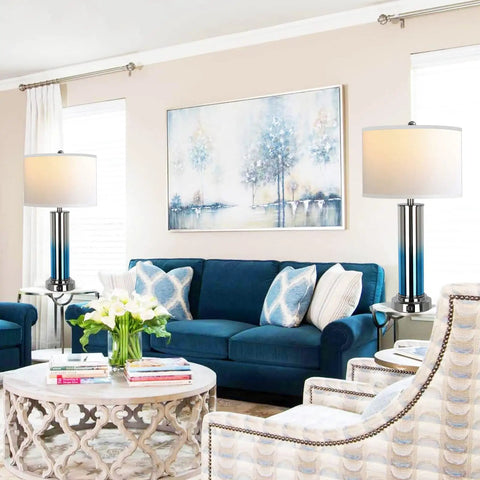 Set Of 2 Ombre Indigo Glass Table Lamps With USB Ports, LED Bulbs Included, placed in a living room, contemporary decor.