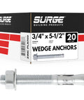 Box of Heavy-Duty Three Quarter Inch Wedge Anchors For Concrete And Cement, Zinc-Plated, 5.5 Inch Length, 20 count